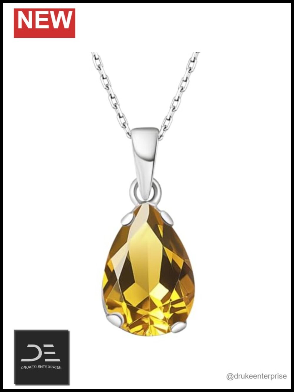 925 Sterling Silver Citrine Pendant Necklace - Handmade Teardrop Birthstone